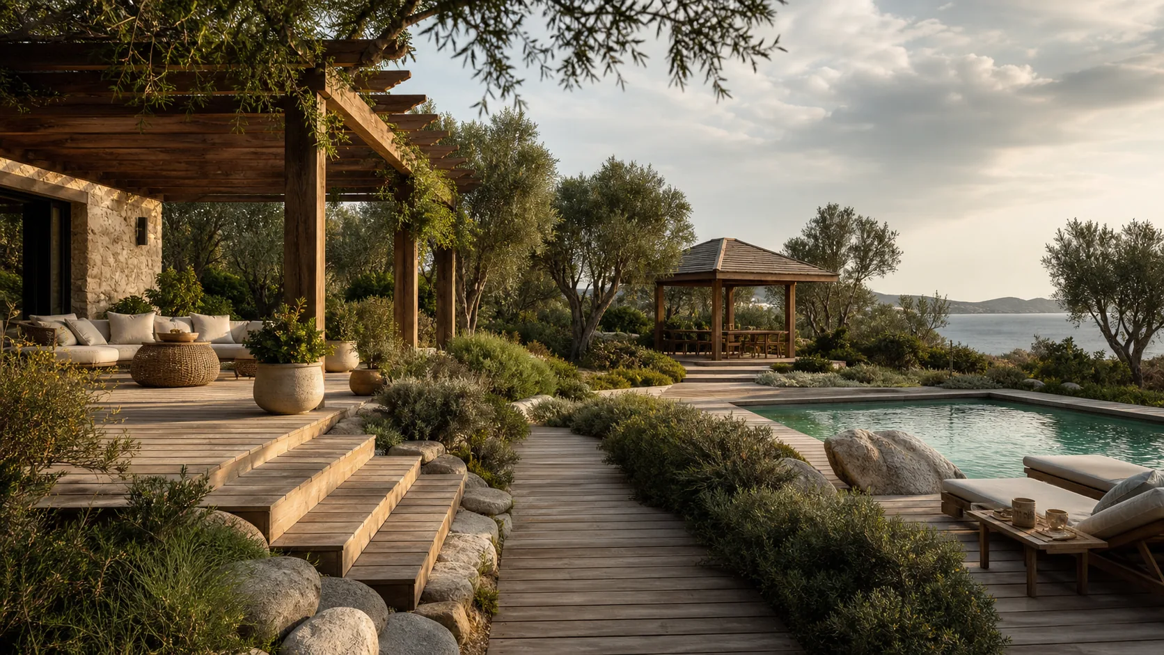 Esempio illustrativo di pergola, terrazza e passerella in legno in un ambiente mediterraneo